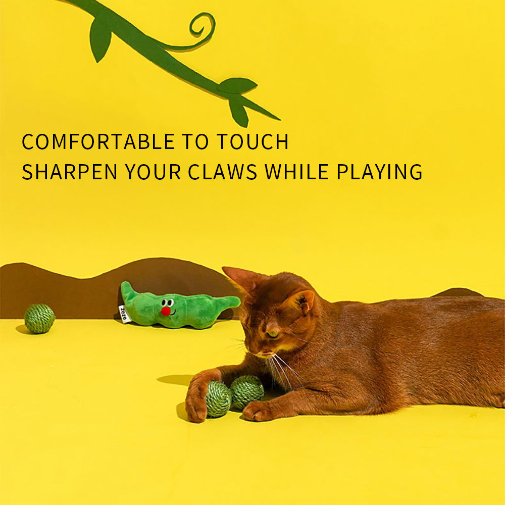 3PCS Cat Toy Balls, Interactive Pet Play Balls Sisal Rope Scratching Chew Ball Toy with Rustling Sound Pea Pod Storage for Indoor Kitten Training Hunting