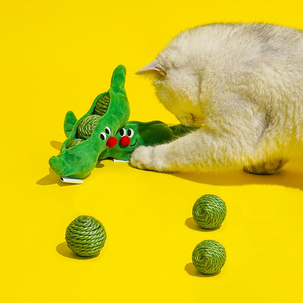 3PCS Cat Toy Balls, Interactive Pet Play Balls Sisal Rope Scratching Chew Ball Toy with Rustling Sound Pea Pod Storage for Indoor Kitten Training Hunting