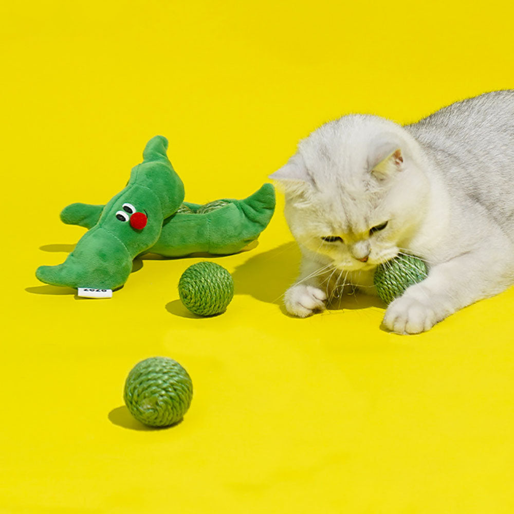 3PCS Cat Toy Balls, Interactive Pet Play Balls Sisal Rope Scratching Chew Ball Toy with Rustling Sound Pea Pod Storage for Indoor Kitten Training Hunting